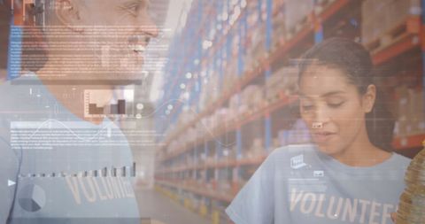 Volunteers overseeing donations in warehouse with data overlay
