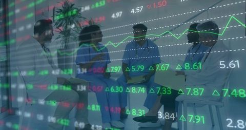 Doctors Collaborating Analyzing Stock Data Overlay