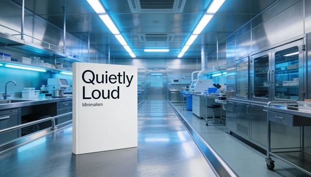 Minimalist book standing on stainless steel lab bench with futuristic blue led lighting