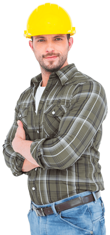 Handsome Handyman in Plaid with Yellow Hard Hat Transparent Cutout - Download Free Stock Videos Pikwizard.com