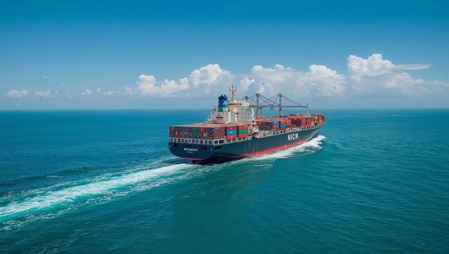 Container ship cutting through open ocean carrying stacked multicolor cargo containers