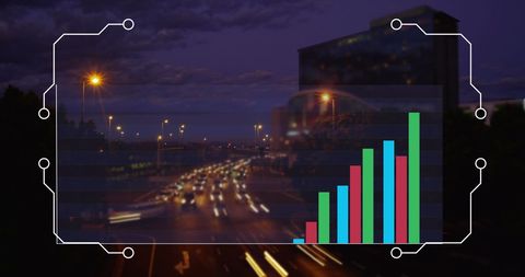 Digital Interface with Chart Overlay on Blurred Cityscape