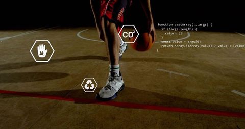 Dribbling male basketball player showcasing footwork and sneaker with code and eco hex overlays