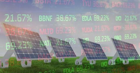 Solar Panels Overlaid with Financial Data Illustrating Investment Themes