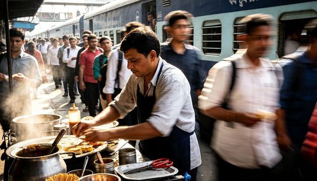 Cooking vendor frying street snacks on busy train platform during morning rush hour
