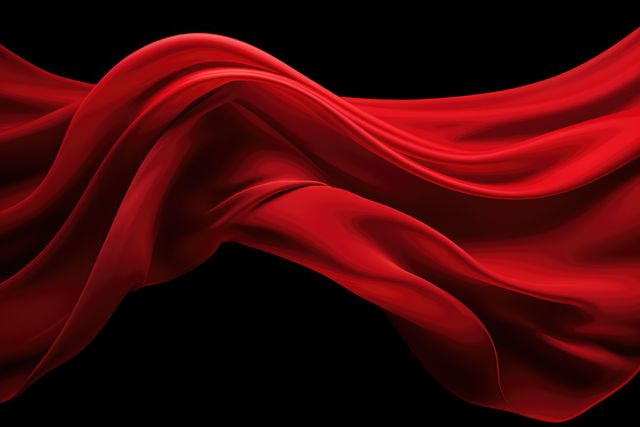 Close up of red silk material on black background, created using generative ai technology. Fabric, texture and colour concept digitally generated image.