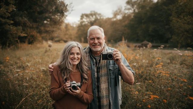 Smiling Senior Couple Holding Vintage Cameras in Autumn Wildflower Meadow by Pond