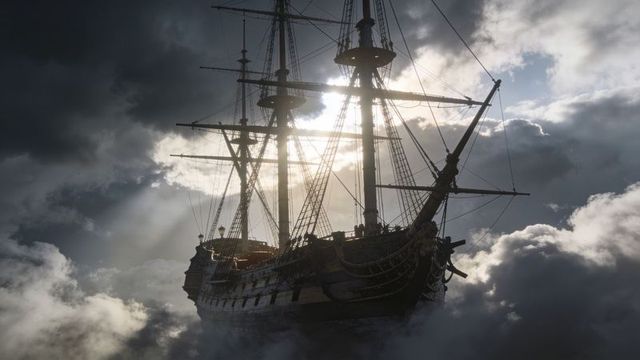 Backlit three-masted galleon gliding through sunbeams and cloud banks with misty silhouette