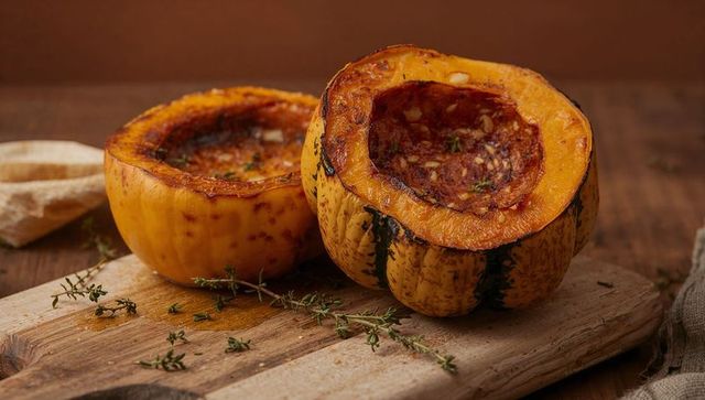 Roasted delicata squash halves showcasing seasoned filling and fresh thyme on rustic board