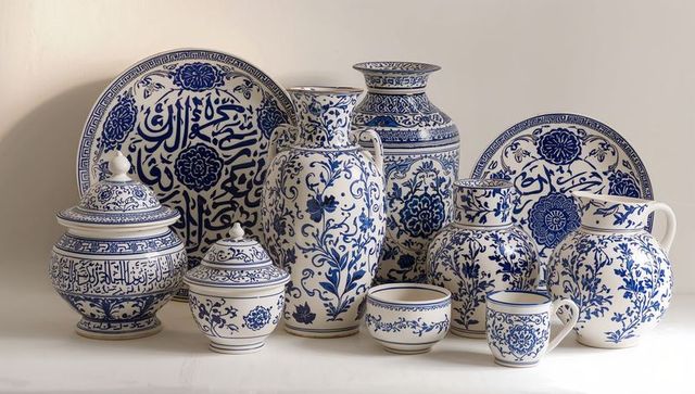 Blue white porcelain collection featuring cobalt floral patterns and calligraphic motifs