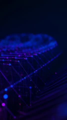 Vertical video revealing neon torus network mesh with glowing nodes, depth and motion