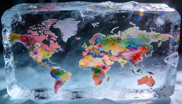 Floral world map floating in melting ice block with vibrant painterly continents
