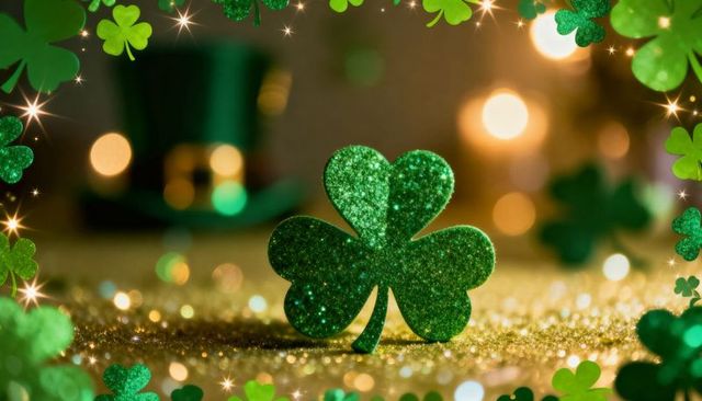 Green glitter shamrock sparkling on golden bokeh surface, blurred top hat, festive frame