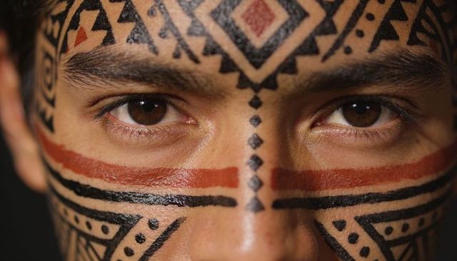 Intense close-up male face wearing geometric facial paint, brown eyes focusing on viewer