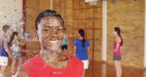 Teen engages in school gym with digital innovation theme