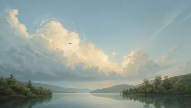 Glowing cumulus reflecting over mirror-calm lake with forested shoreline and soaring gull