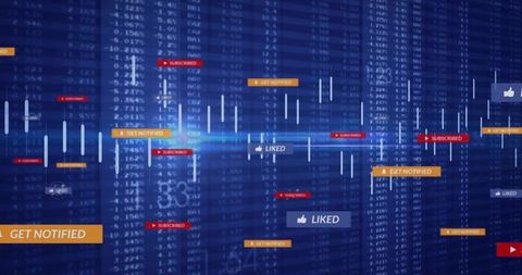 Futuristic blue candlestick trading dashboard with social notifications and analytics