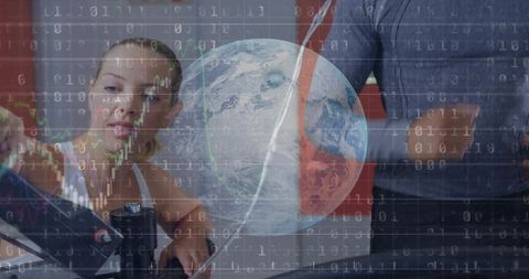 Trainer analyzing treadmill performance with client, global analytics and earth overlay