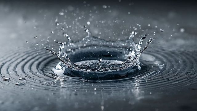 Splashing Crown of Water Creating Suspended Droplets, Circular Ripples, High-Speed Macro