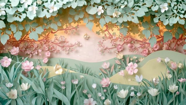 Paper-cut garden blooming with pastel tulips, layered foliage and golden accents for spring