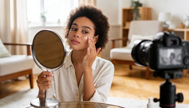 Beauty influencer applying moisturizer on camera in bright living room skincare tutorial