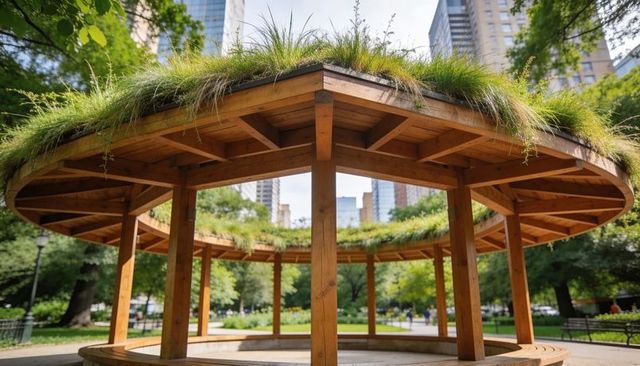 Circular timber pavilion with planted living roof and bench seating in city park