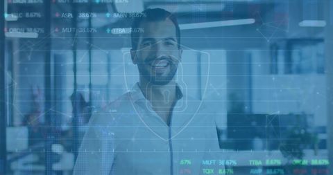 Businessman in office analyzing global financial data overlay