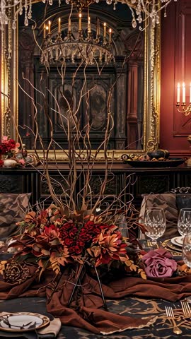 Vertical video showcasing opulent autumn tablescape with floral centerpiece and candlelight