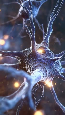 Vertical neural animation showing neuron sending glowing pulses along dendrites and axon