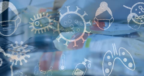 Virus Icons and Scientist in Laboratory Setting