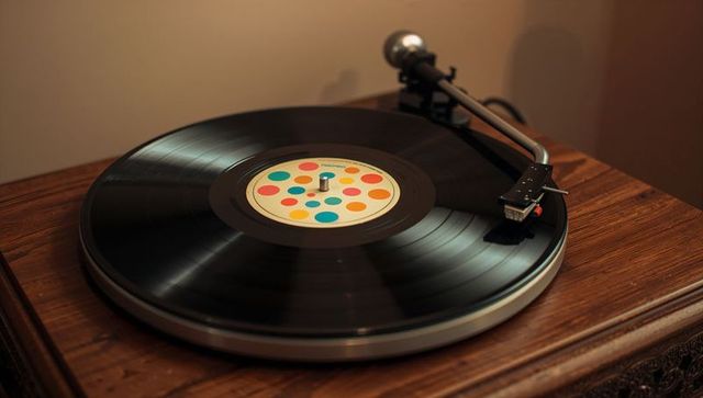 Spinning vinyl record on cabinet with vintage turntable tonearm and colorful dot label