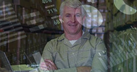 Senior warehouse supervisor overseeing logistics and inventory with data analytics overlay