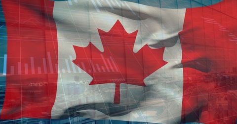 Canadian Flag with Financial Data and Cityscape