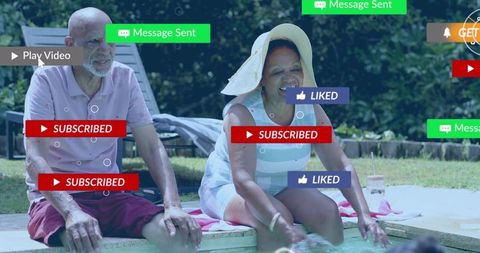 Seniors enjoying poolside moments with grandchild and social media notifications overlay