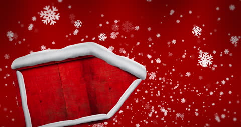 Snowflakes Falling on Rustic Red Wooden Sign with Snow Trim