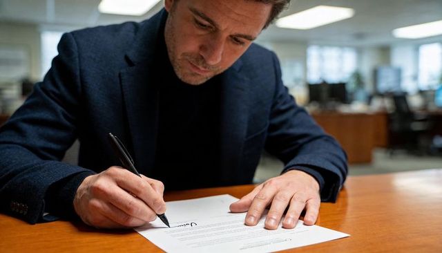Businessman signing contract at office desk focusing on signature and paperwork