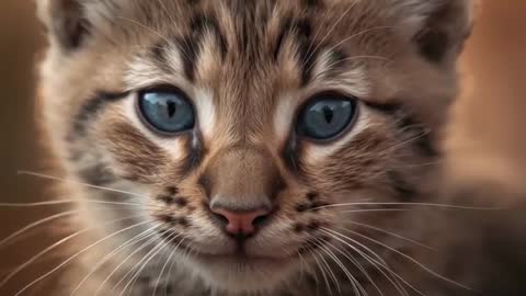Close-up video clip showing tabby kitten holding steady gaze with blue eyes and soft whiskers