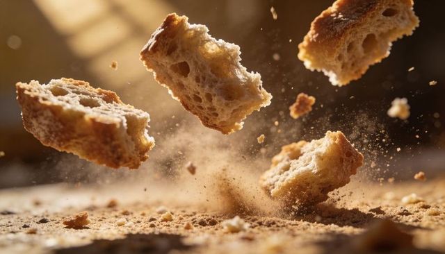 Sunlit crusty bread chunks floating while crumbs scattering over wooden tabletop