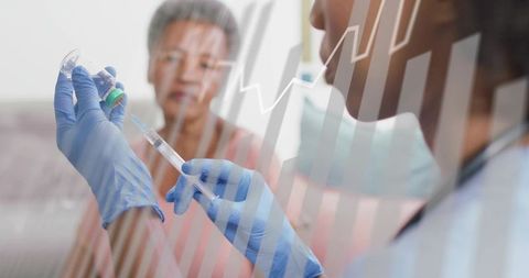 Nurse preparing vaccine syringe during home visit with elderly patient and ecg overlay