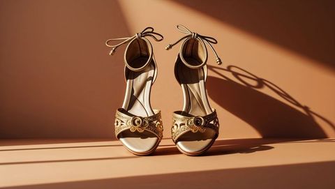 Elegant gold heeled sandals with decorative ankle straps in studio