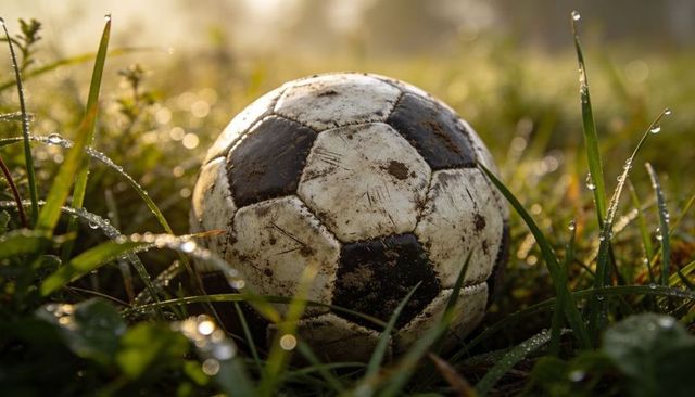 Worn soccer ball resting on dew-covered grass during golden dawn light