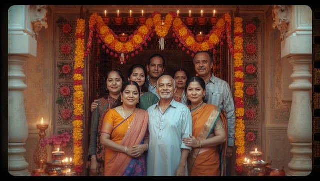 Family Posing at Shrine with Traditional Attire and Decor