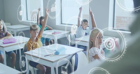 Students Raising Hands in High-Tech Classroom with Augmented Reality Learning HUD Icons