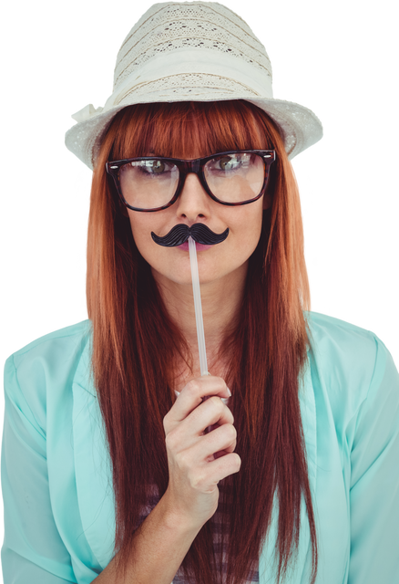 Transparent Hipster Woman Smiling holding Mustache - Download Free Stock Videos Pikwizard.com