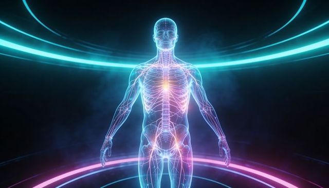 Holographic male anatomy model illuminating translucent skeleton, nerves and heart with neon rings