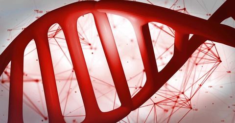 Glowing red DNA helix curving through futuristic molecular data network for genomics research