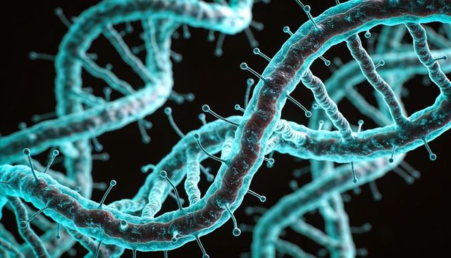 Displaying teal helical rna strands with surface spikes 3d rendering for medical visuals