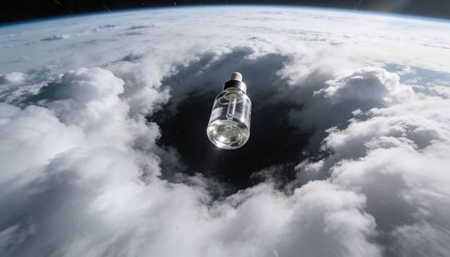 Floating glass dropper bottle above earth cloud vortex at curved atmosphere horizon