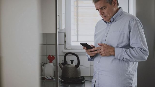 Middle-Aged Man Checking Smartphone in Modern Kitchen During Morning Routine Home Tech