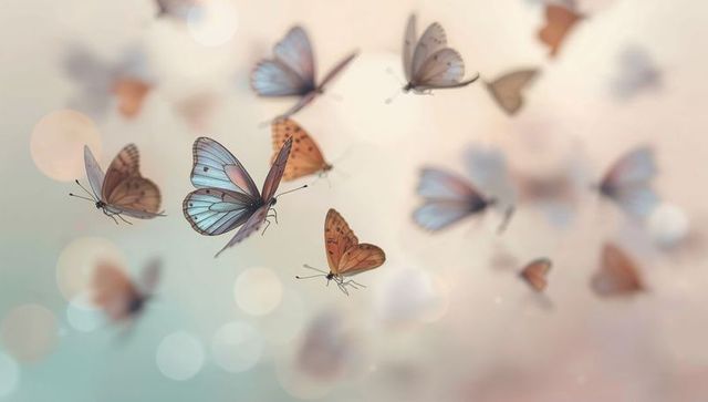 Translucent butterflies fluttering over pastel bokeh sky with soft ethereal light flares